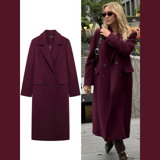 Women's Long Tailored Coat, Wine Color, Elegant Winter Overcoat