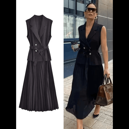 Black Tailored Midi Dress for Women with Vest and Pleated Skirt
