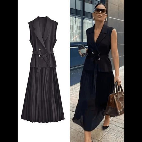Black Tailored Midi Dress for Women with Vest and Pleated Skirt