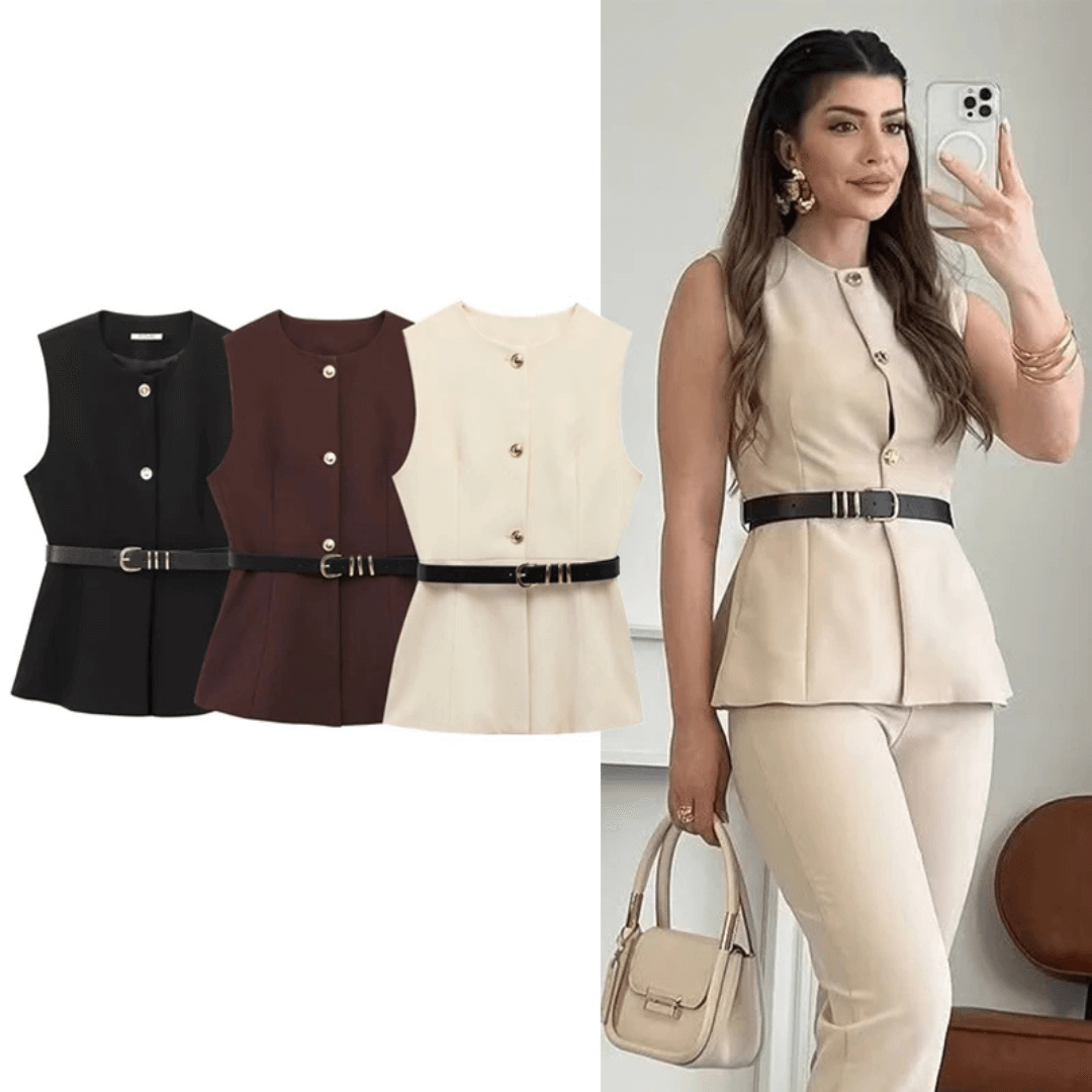 Women's Tailored Vest with Belt Elegant, Fitted at the Waist and Sleeveless