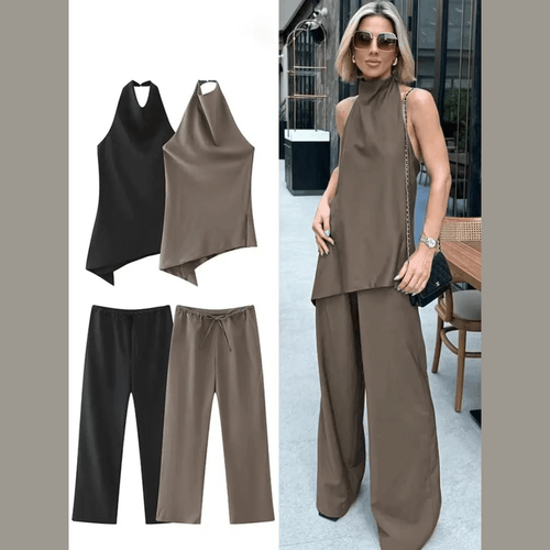 Women's Set: Asymmetrical Halter Top and Wide-Leg Pants