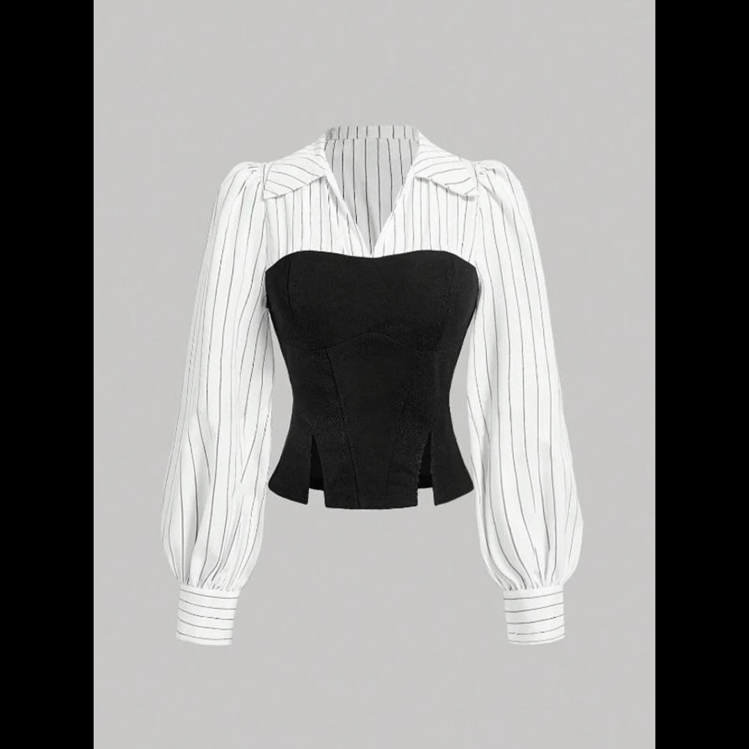 Women's Formal Blouse with Black Corset and Striped Long-Sleeved Shirt, Elegant and Modern