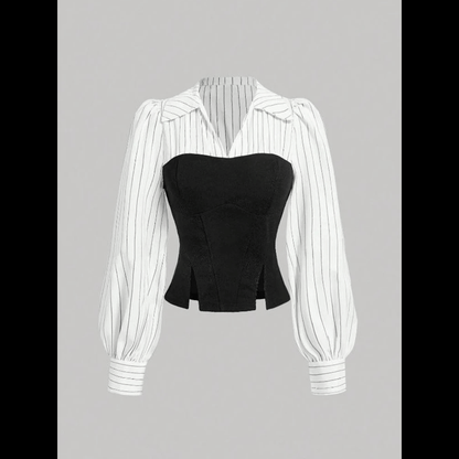 Women's Formal Blouse with Black Corset and Striped Long-Sleeved Shirt, Elegant and Modern