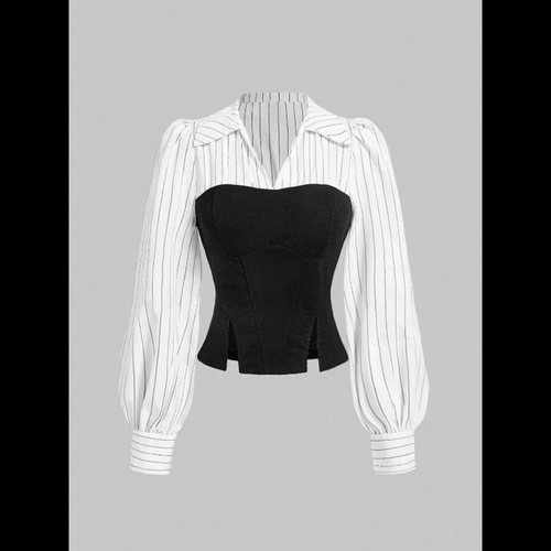 Women's Formal Blouse with Black Corset and Striped Long-Sleeved Shirt, Elegant and Modern