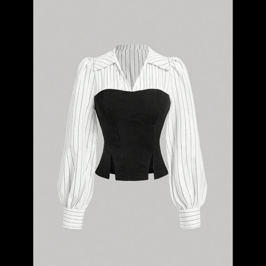 Women's Formal Blouse with Black Corset and Striped Long-Sleeved Shirt, Elegant and Modern