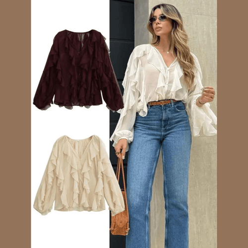 Women's Chiffon Blouse with Ruffles, Long Sleeves, Lightweight and Elegant
