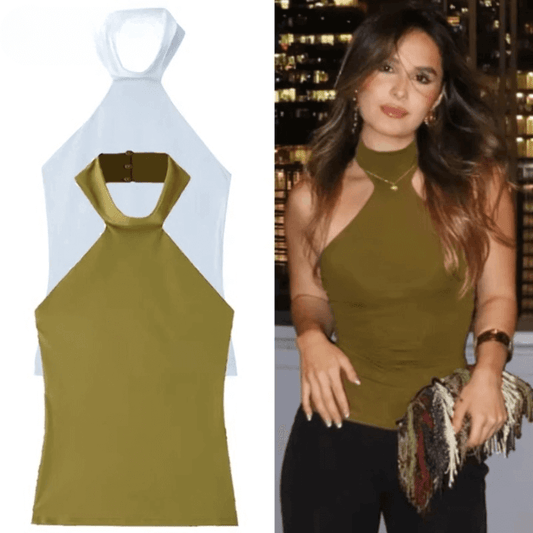 Women's Halter Asymmetrical Blouse | Elegant Tank Top with High Neck