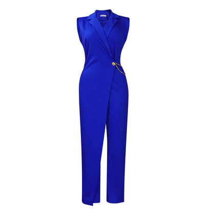 Elegant Wide Leg Jumpsuit Women's Fashion High Waist Chain Detail Loose Fit Suit Collar Top Polyester Blend Comfortable