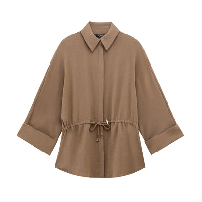 Women's Casual Brown Dress Set: Shirt with Tie Detail and Comfortable Straight Leg Pants