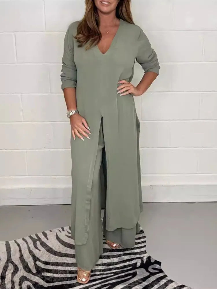 Women's Set with Long Overlay and Wide-Leg Pants - Elegant and Sophisticated Look