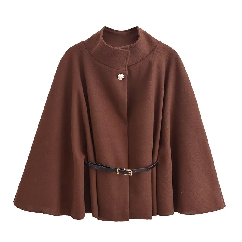 Elegant Women's Cape with Button and Belt, Poncho Coat, Winter, Chic Fashion