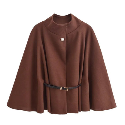 Elegant Women's Cape with Button and Belt, Poncho Coat, Winter, Chic Fashion
