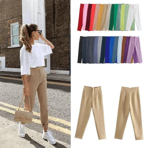 DUOPERI Women Fashion Solid Basic High Waist Trousers Chic Female Office Lady Casual Business Workwear Long Pant