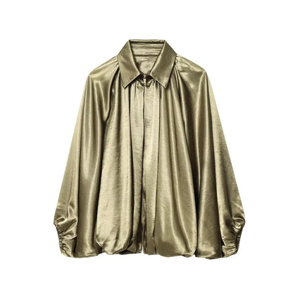 Women's Satin Blouse, Elegant Long-Sleeved Satin Shirt