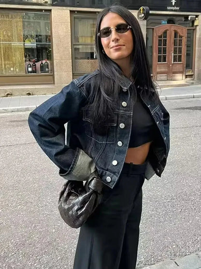 Women Vintage Denim Jacket Pant Sets Single Breasted Lapel Long Sleeve Coat Wide Leg Trousers Jeans High Street Outfits