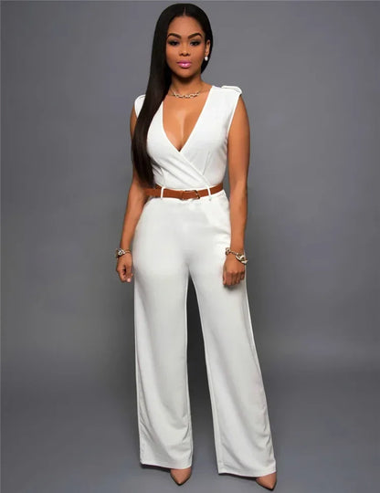 Elegant Women's Jumpsuit with Deep V-Neck, Wide-Leg Pants, and Modern Tailored Style