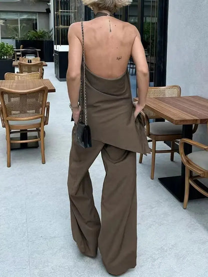 Women's Set: Asymmetrical Halter Top and Wide-Leg Pants
