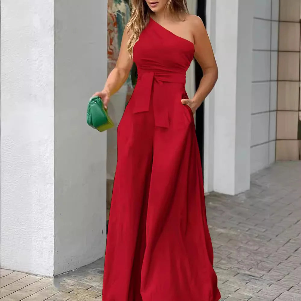 Women's Jumpsuit with Elegant Off-Shoulder Tailoring, Wide Leg, Chic Formal Look
