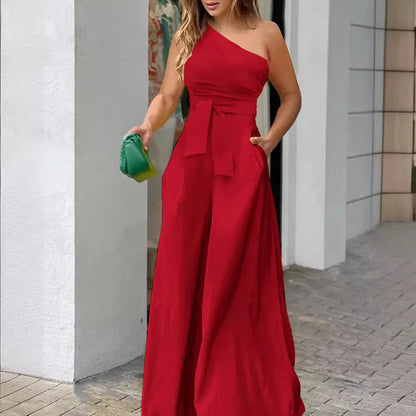 Women's Jumpsuit with Elegant Off-Shoulder Tailoring, Wide Leg, Chic Formal Look