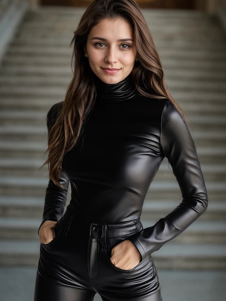 Women's High Neck Blouse in Faux Leather