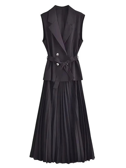 Black Tailored Midi Dress for Women with Vest and Pleated Skirt