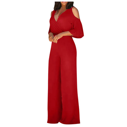 Women's Jumpsuit with Cutout Shoulder, Elegant 3/4 Sleeves, Wide Leg, and Wrap Neckline