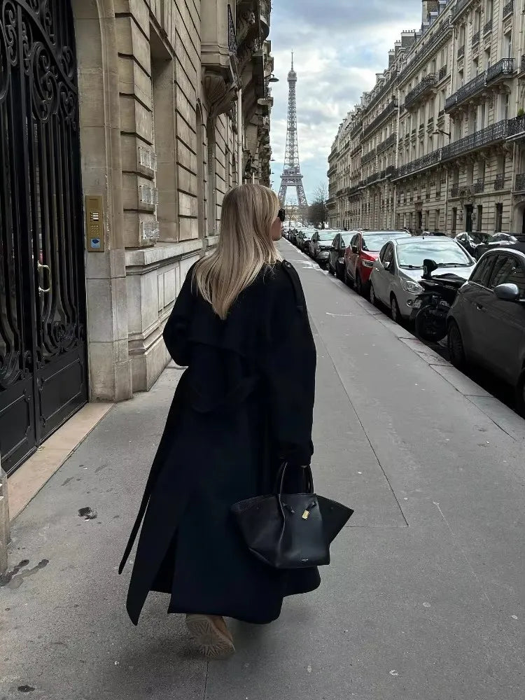 Women's Oversized Black Long Coat for Winter, Elegant, Street Chic Style