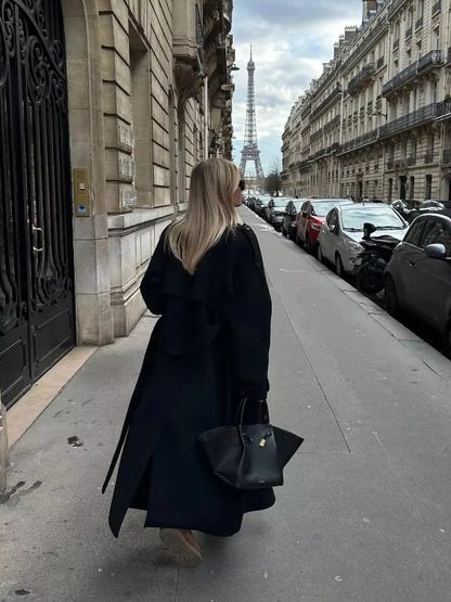 Women's Oversized Black Long Coat for Winter, Elegant, Street Chic Style
