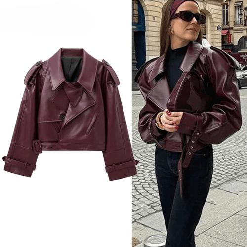 Women's Oversized Faux Leather Cropped Jacket, Puff Sleeves, Fashion Blogger Style