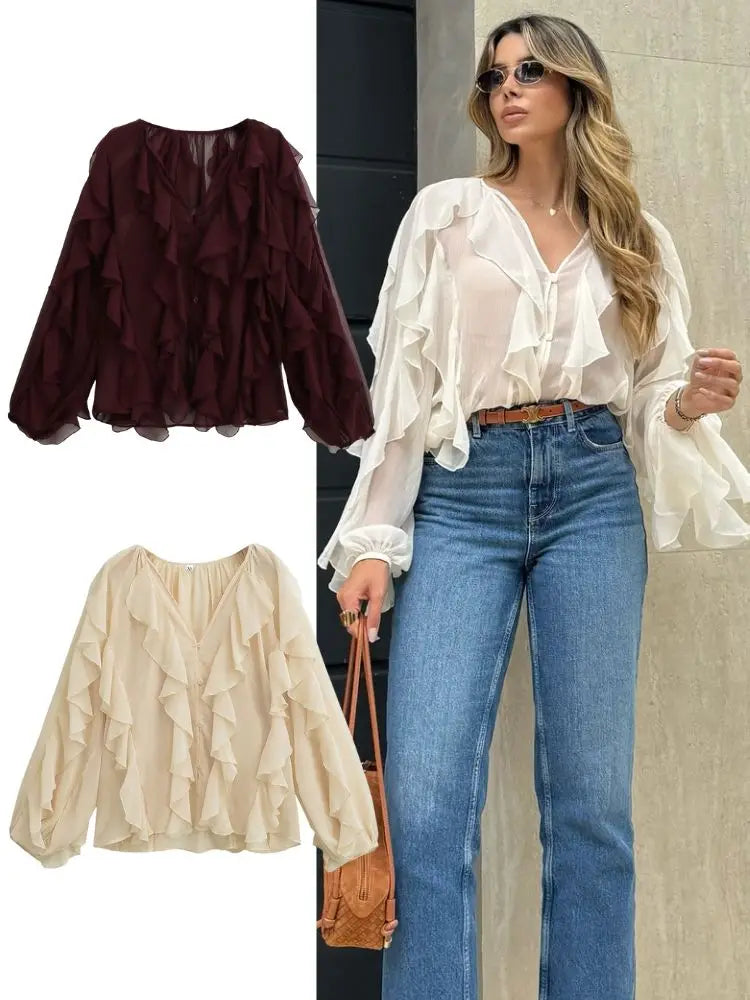 Women's Chiffon Blouse with Ruffles, Long Sleeves, Lightweight and Elegant
