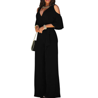 Women's Jumpsuit with Cutout Shoulder, Elegant 3/4 Sleeves, Wide Leg, and Wrap Neckline