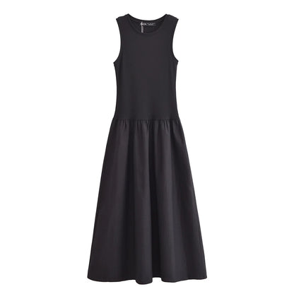 Women's Elegant Casual Cotton Tank Top Midi Dress, Black or Beige