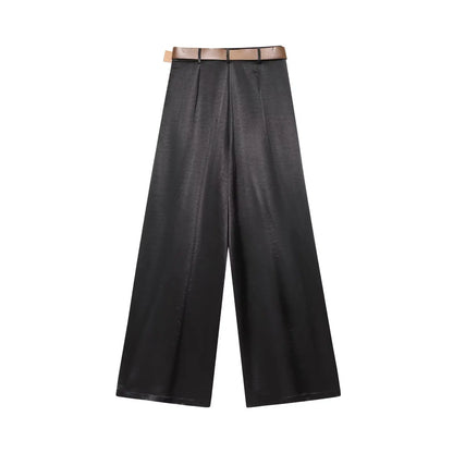 Women's Wide Leg Trousers with Belt, Elegant, Satin Tailored Fabric, High Waist