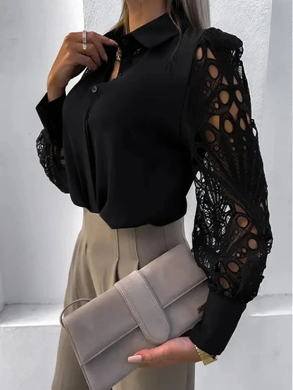 Women's Satin Shirt with Long Sleeves and Openwork Lace - Elegant for Work or Events
