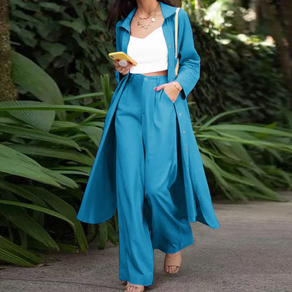 Women's Spring Long-Sleeved Top and Pants Set, Modern Streetwear Style. Two-piece set with long-sleeved top and wide-leg pants.