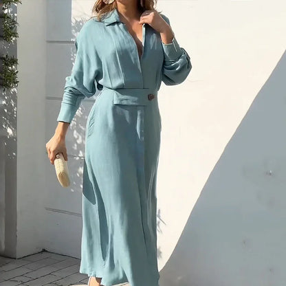 Elegant Women's Long Shirt Dress with Belt, Long Sleeves, Pockets, and Side Slit