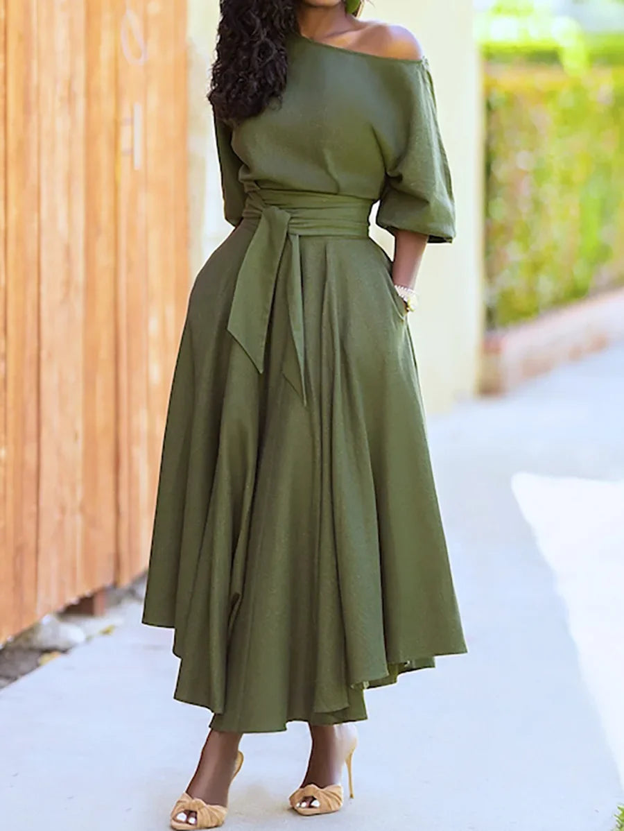 Elegant women's off-the-shoulder midi dress with a flared silhouette, defined waist, and pockets