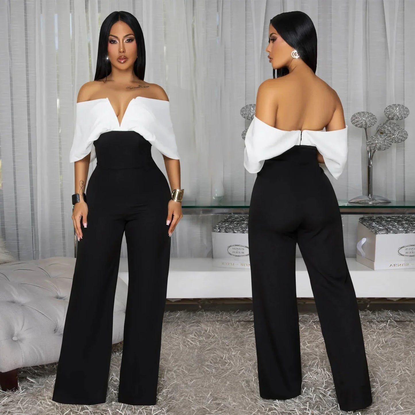 Women's Off-the-Shoulder Jumpsuit, Black and White