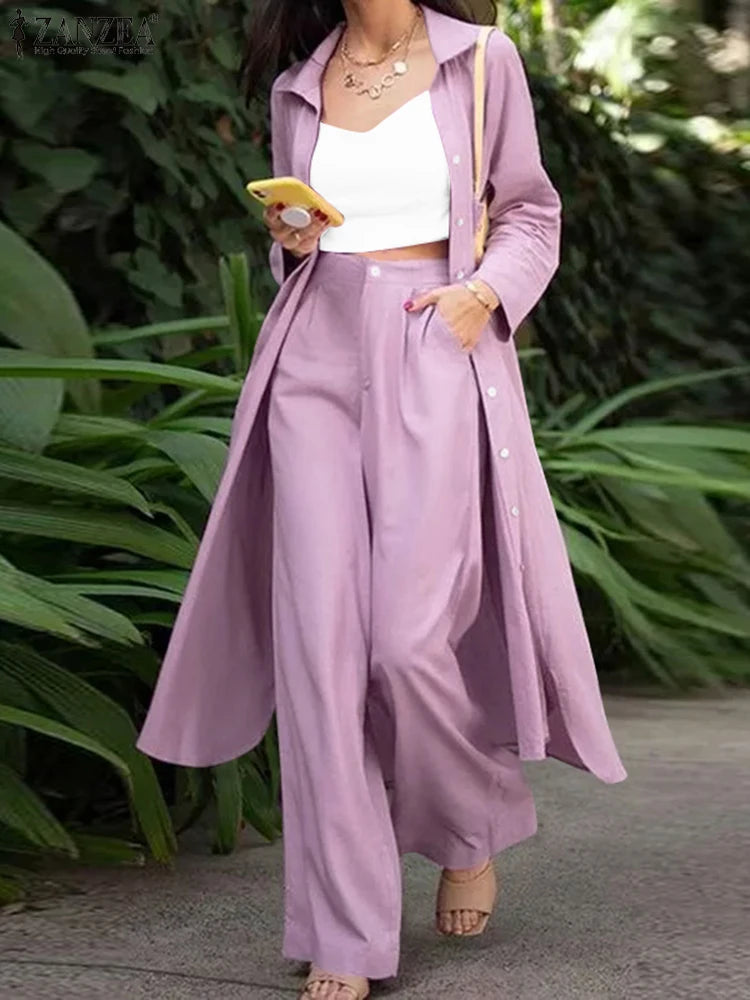 Women's Spring Long-Sleeved Top and Pants Set, Modern Streetwear Style. Two-piece set with long-sleeved top and wide-leg pants.