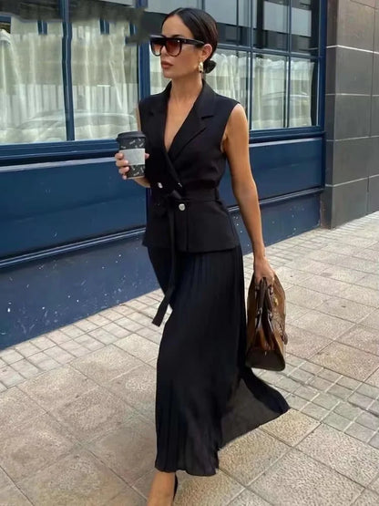 Black Tailored Midi Dress for Women with Vest and Pleated Skirt