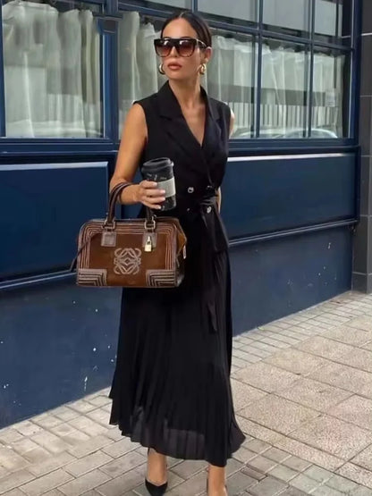 Black Tailored Midi Dress for Women with Vest and Pleated Skirt