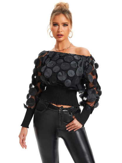 Women's Black Off-the-Shoulder Blouse with 3D Appliqués, Long Transparent Sleeves, and Elasticated Body