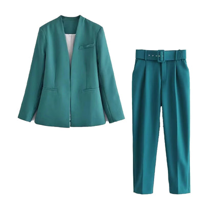 Women's Formal Suit: Blazer and Tailored Trousers with Belt