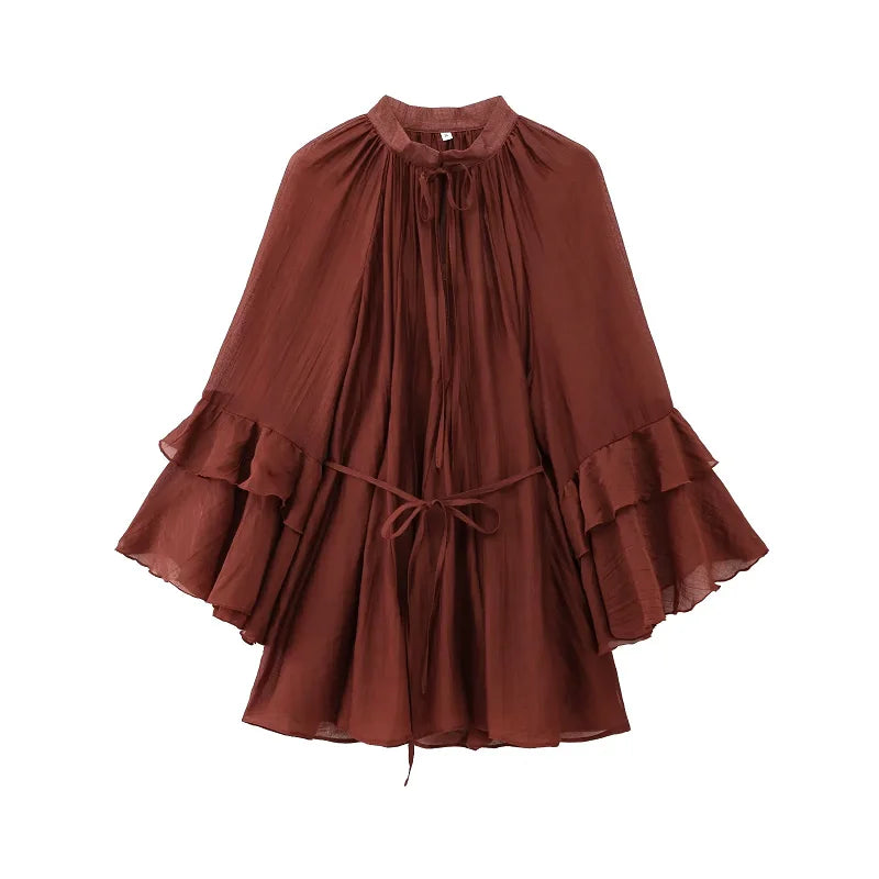 Women's Short Brown Dress with Flare Sleeves and Ruffles, Boho Chic Style, in Chiffon