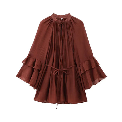 Women's Short Brown Dress with Flare Sleeves and Ruffles, Boho Chic Style, in Chiffon