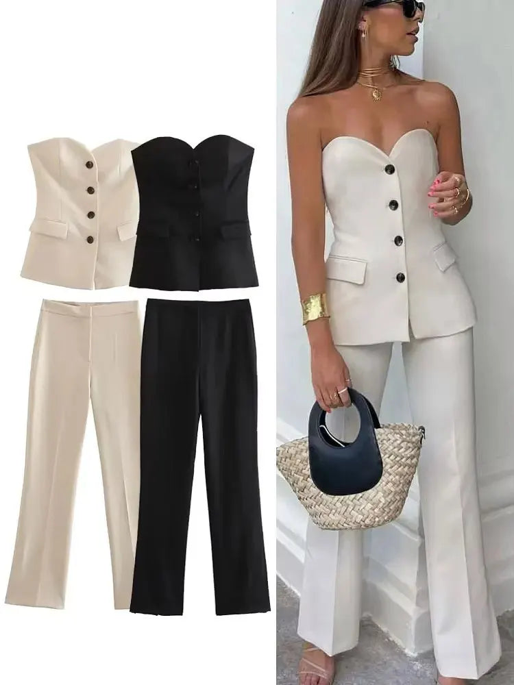 Women's Tailored Set: Corset Top with Buttons and Straight Leg Pants