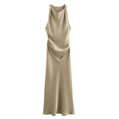 Women's Satin Midi Slip Dress, Elegant with Drape