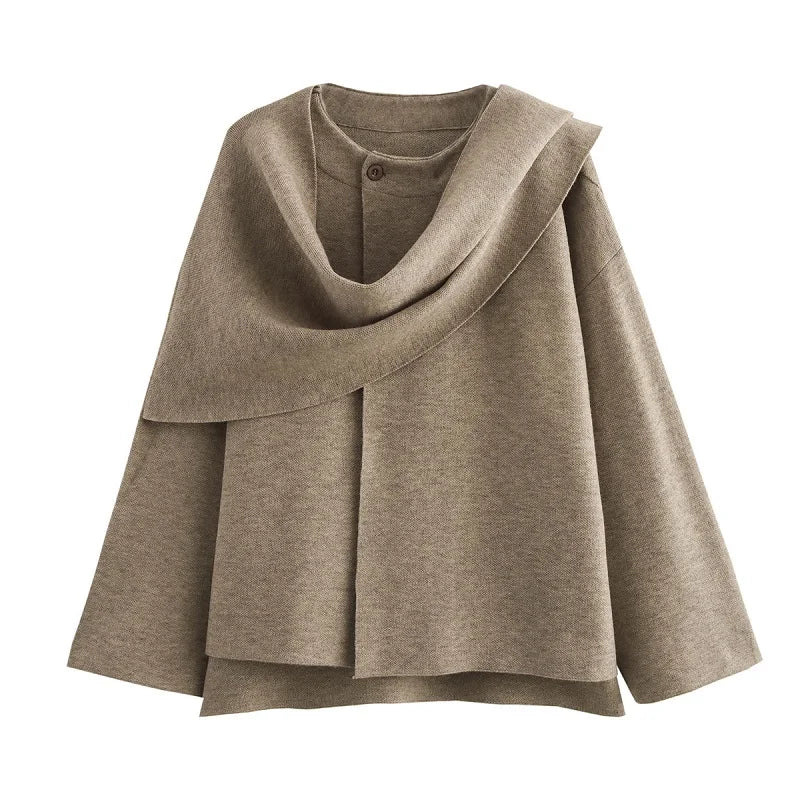 Women's Winter Poncho Coat with Draped Collar, Elegant Wool Cape Blouse, Autumn/Winter Fashion