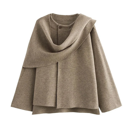 Women's Winter Poncho Coat with Draped Collar, Elegant Wool Cape Blouse, Autumn/Winter Fashion