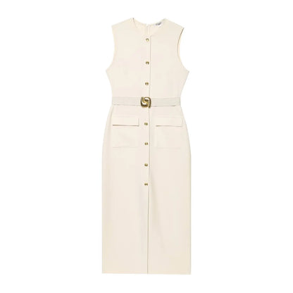 Women's Midi Formal Dress with Buttons and Slit